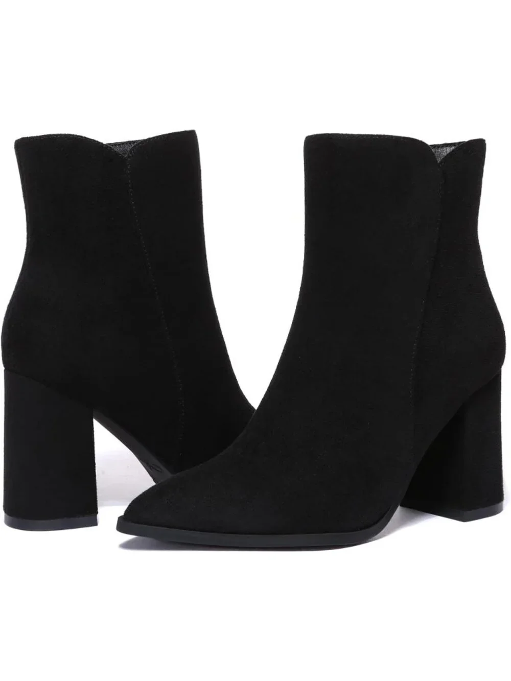 Women's Black Suede Block Heel With Side Zipper Chunky High Heel Ankle Boot
